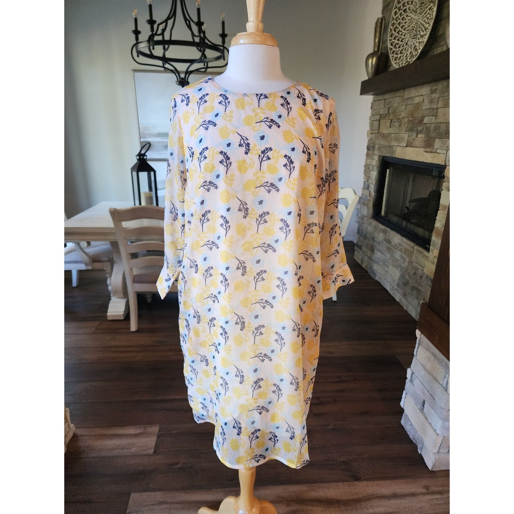 Allen Solly XL Yellow Floral‎ Print 3/4 Sleeve Sheer Tunic Shift Dress